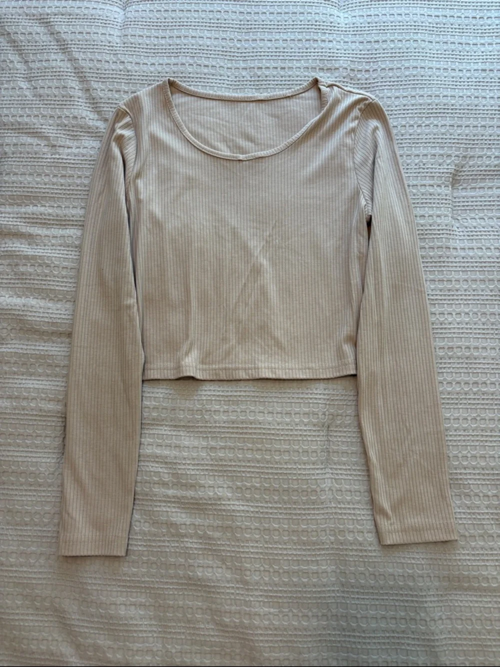 Women's Small Ribbed Long Sleeve Crop Top & Pants Loungewear Set in Beige - Picture 2 of 10
